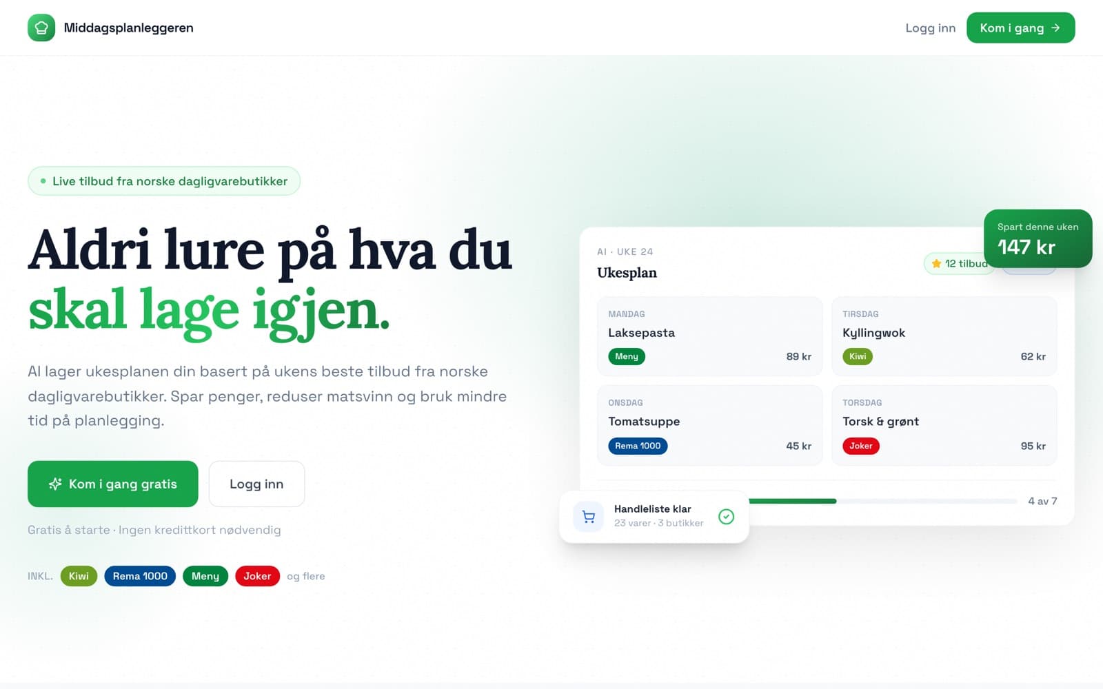Skjermbilde av Middagsplanleggeren